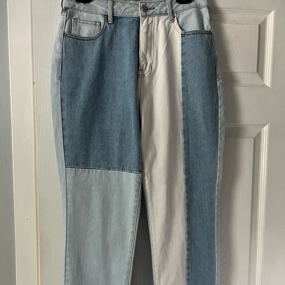 Blue patched mom jeans
